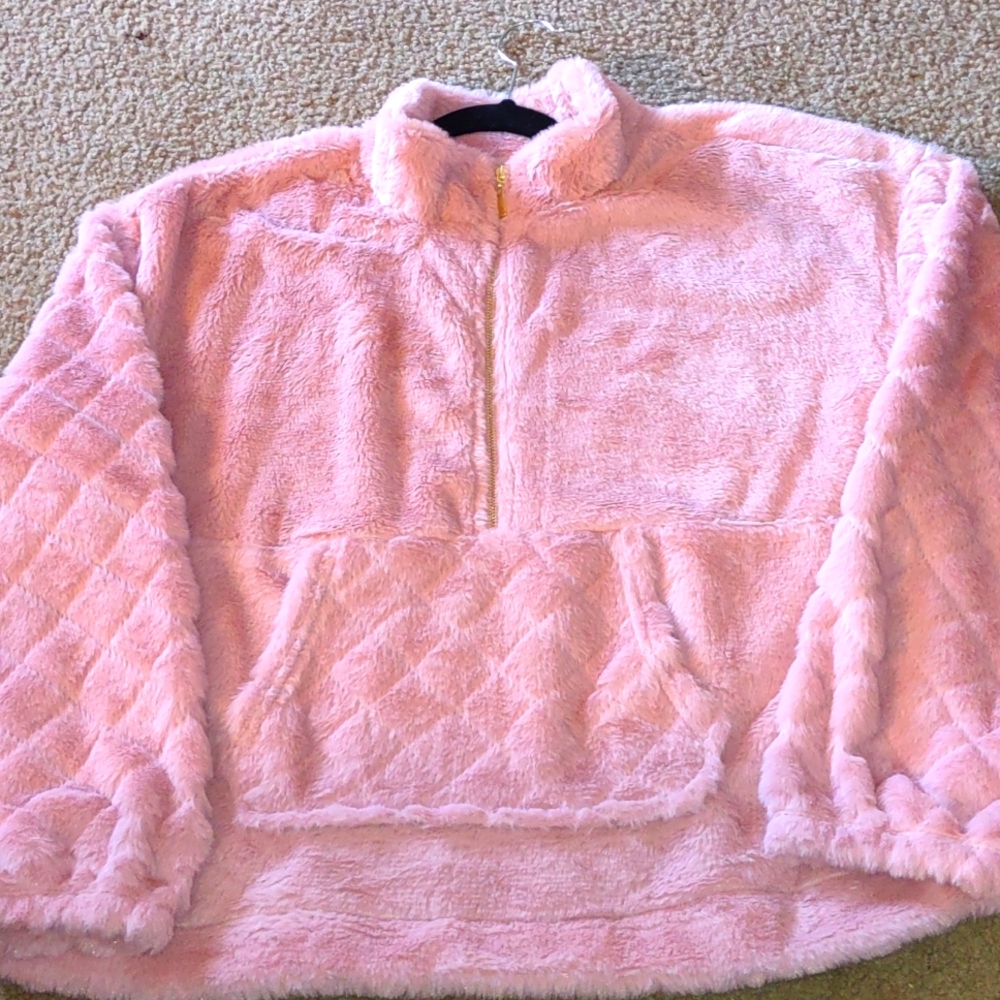 Pink Furry Pullover With a Half Zip & Collar Design, Also Has a Cute Pouch Front